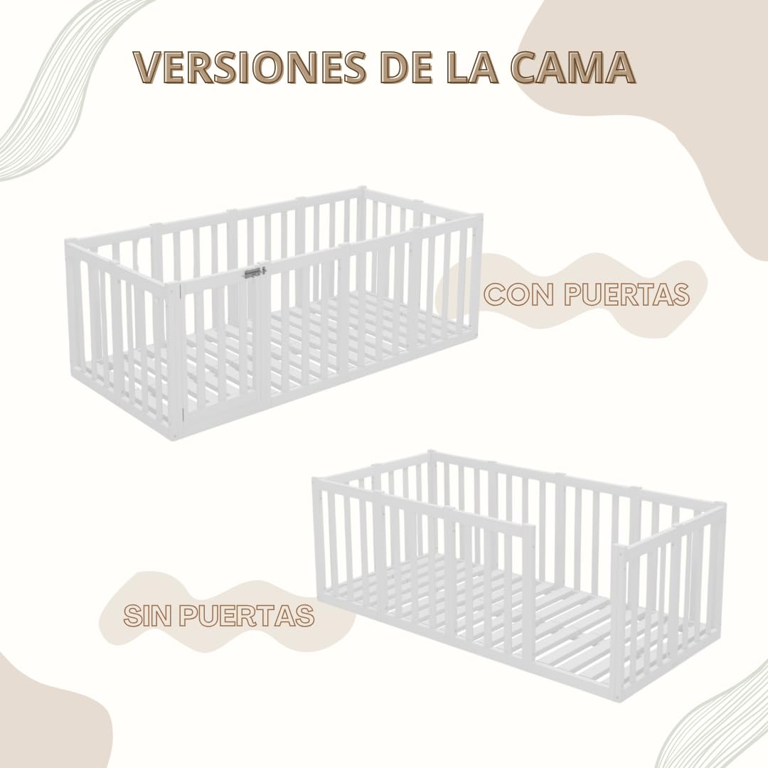 Cama Montessori 190x90 cm - Cama Infantil con Protección contra Caídas 73cm y Barrera Abrible - Camas Infantiles Superficie Lisa niños y niñas - Blanco