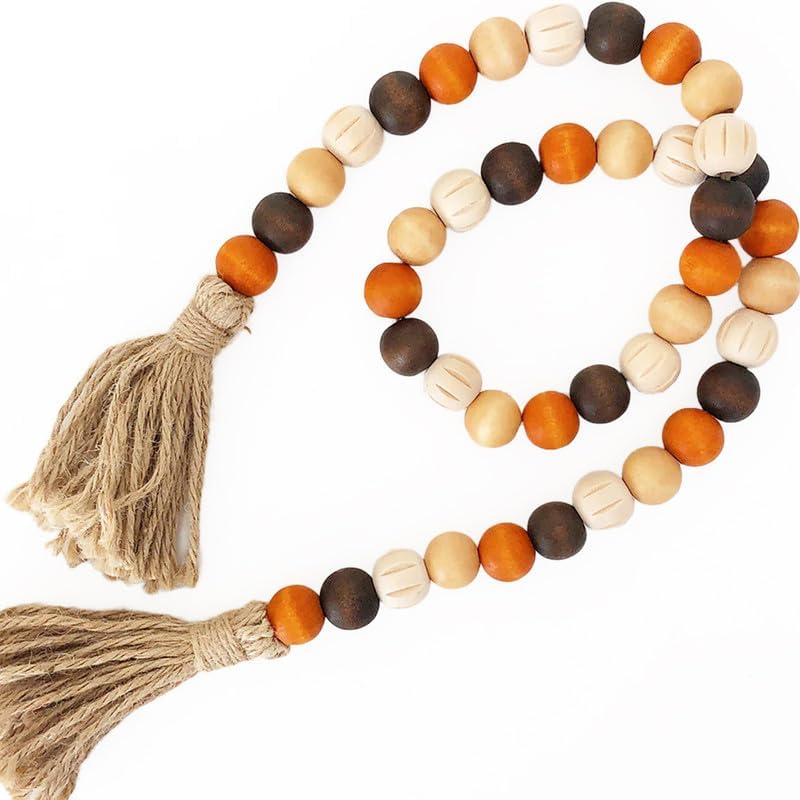 Foundations Décor - Guirnalda de cuentas de madera bohemia con borlas, cuentas bohemias para decoración del hogar para estantes, mesa, pared y