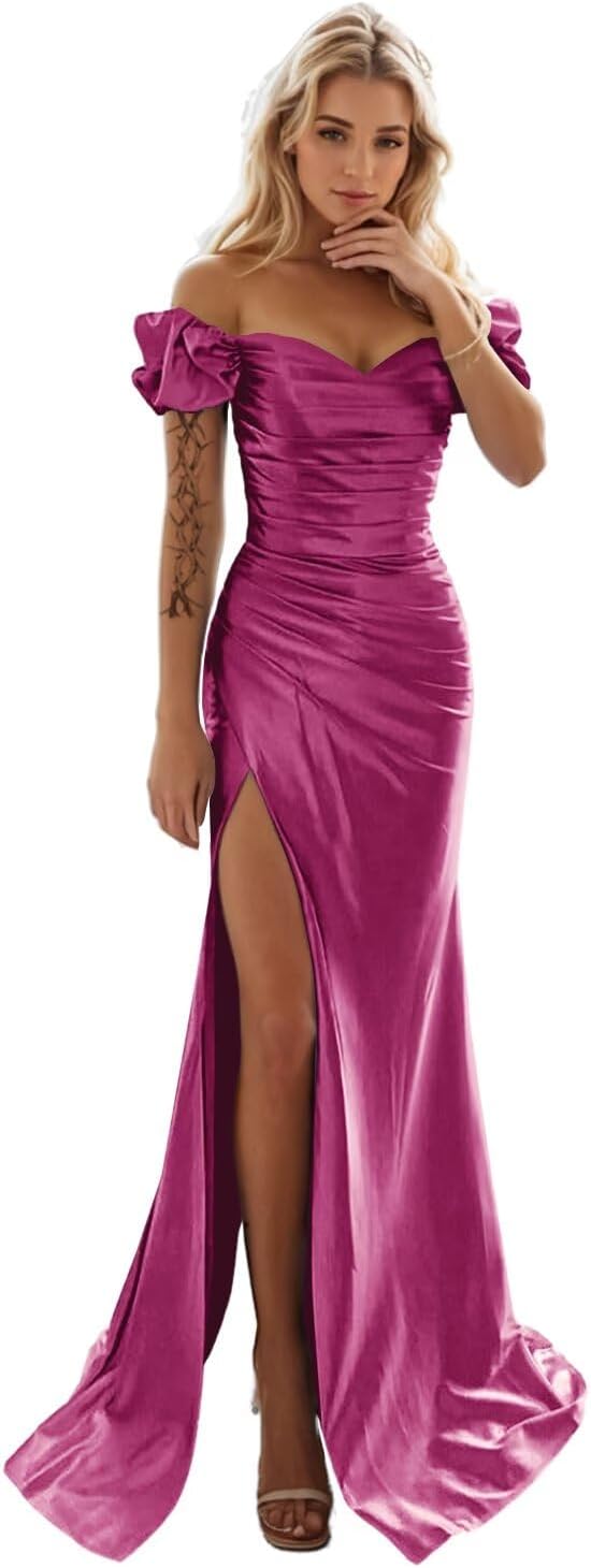Off The Shoulder Satin Prom Dresses Long Mermaid Puffy Sleeves Formal Party Gowns with Slit
