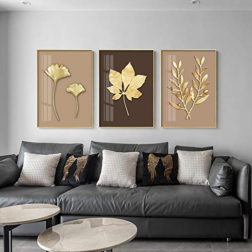 Peinture salon grand format 3 pièces feuille d'or pour habiller un mur vide