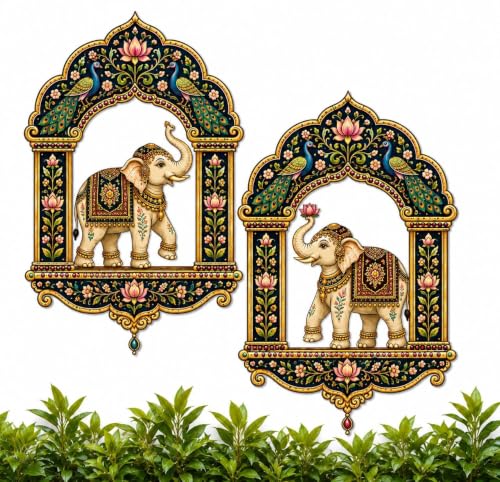 DAKSHESTRY ARTWORKS Elephant Wooden Wall Hanging Decor for Living Room,Jharokha Wall Decor Items for Living Room, Home Decoration Items for Home, Set of 2, Decorative Wall Plates for home decoration