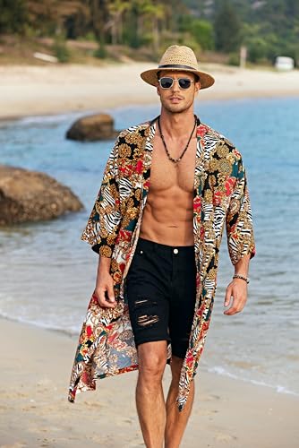 COOFANDY Men's Lightweight Kimono Robe Jacket Printed Japanese Style Bathrobes Casual Open Front Long Cardigan Coat Outwear2