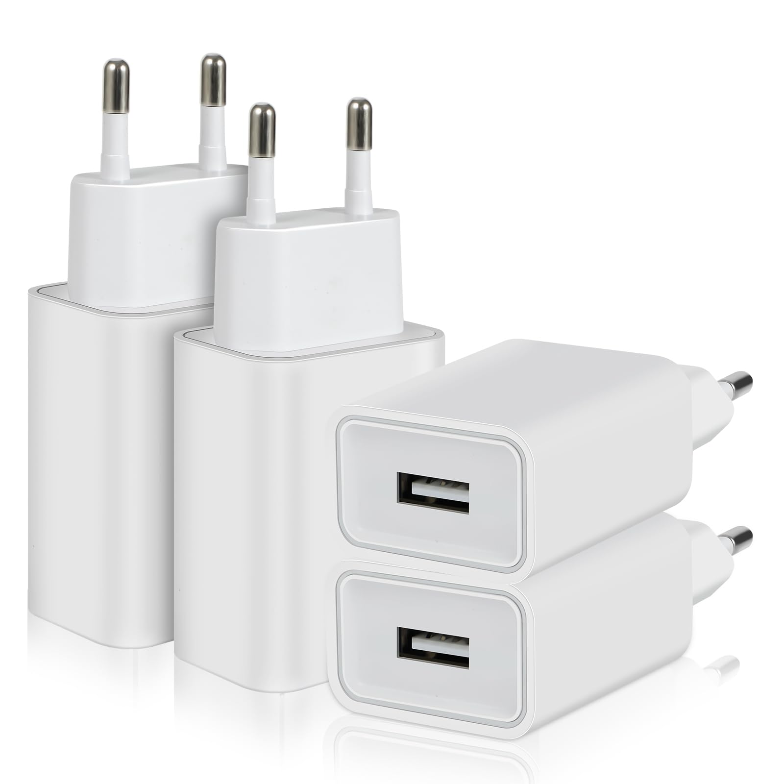 4 Pezzi 5W Caricatore USB, 5V/1A Presa USB Alimentatore USB Caricabatterie USB, Spina USB Charger Prese Spinotto USB Compatibile con iPhone Samsung Huawei Xiaomi (Bianco)