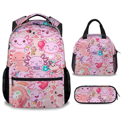 CUNEXTTIME Axolotl Backpack with Lunch Box And Pencil Case Set of 3 Cute Bookbag for Girls Boys Lightweight Large Capacity School Bag with Adjustable Straps