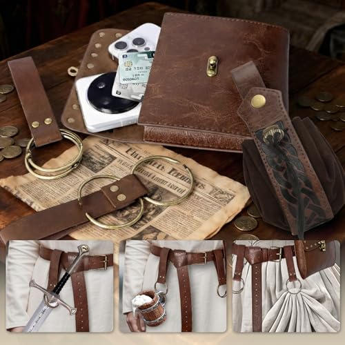 Image of Renaissance Belt Pouch Medieval Viking Leather Bracers Set for LARP