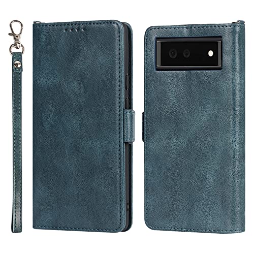 Jaorty Kompatibel mit Google Pixel 6 Premium Kunstleder Brieftasche Hülle mit RFID-blockierendem Kartenhalter, Handgelenkschlaufe, Brieftaschenhülle für Pixel 6 6.4 Zoll (16.4 cm) (blau) Cover
