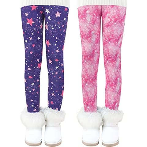 Auranso Girls Fleece Lined Thermal Leggings 2 Pack Kids Winter Thick Warm Cute Printed Trousers, Color A, 3-4 Years Cover