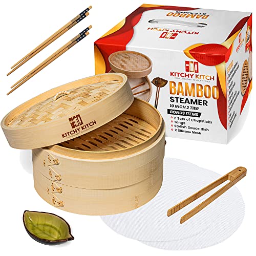 Bamboo 10" 2-Tier Steamer with Liners, Chopsticks & Sauce Plate