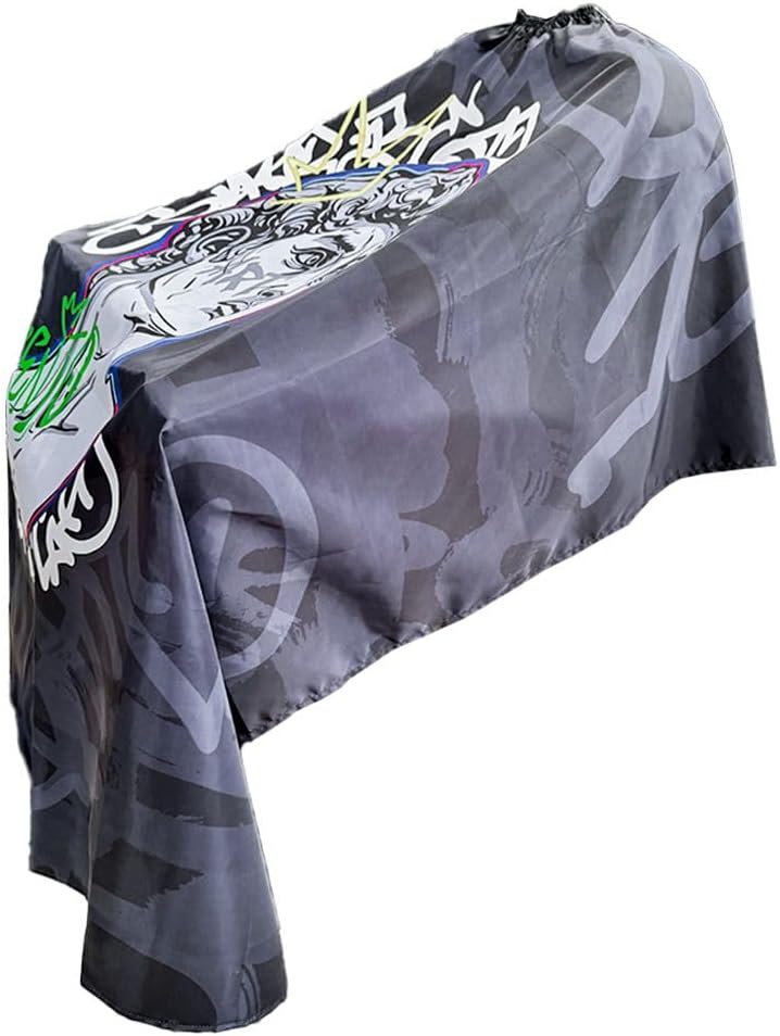 Professional Barber Cape, Black Polyester with Graffiti Design, Hook and Loop Closure