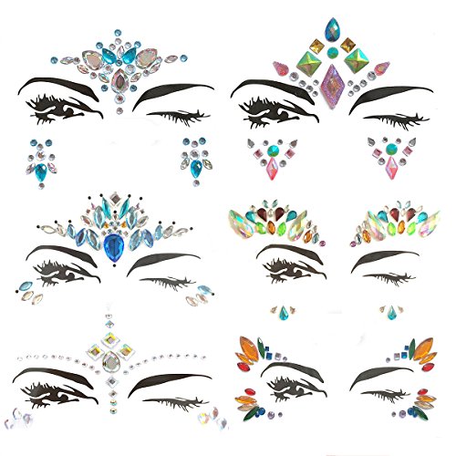 RAYIE 2 Patterns 6 Sets Mermaid Face Gems Glitter Sticker Rhinestone Bindis Crystal Face Jewels Tattoo Forehead Decorations for Women Favors (Type 1)