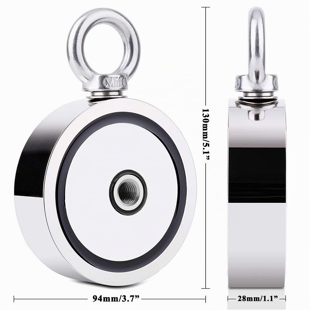 Peche a l'aimant Puissant Double Face Aimant de Peche 770kg 94MM Neodyme Super Puissant pour Peche Ramasse Monnaie Chasse Au Trésor avec Grapin Corde 20m Mousqueton Une Paire de Gants