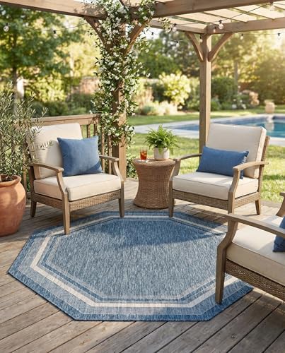 Rugs.com - Outdoor Border Rug – 8 Ft Octagon Blue Indoor/Outdoor Rug – Weather Resistant Flatweave for Patios, Decks, and Porches
