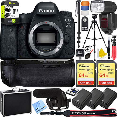 Canon 1897C002 EOS 6D Mark II 26.2MP Full-Frame DSLR Camera Body Bundle with 2X 64GB Memory Card, 3X Battery, Battery Grip, Microphone, 1 YR CPS Enhanced Protection Pack and Accessories (15 Items)