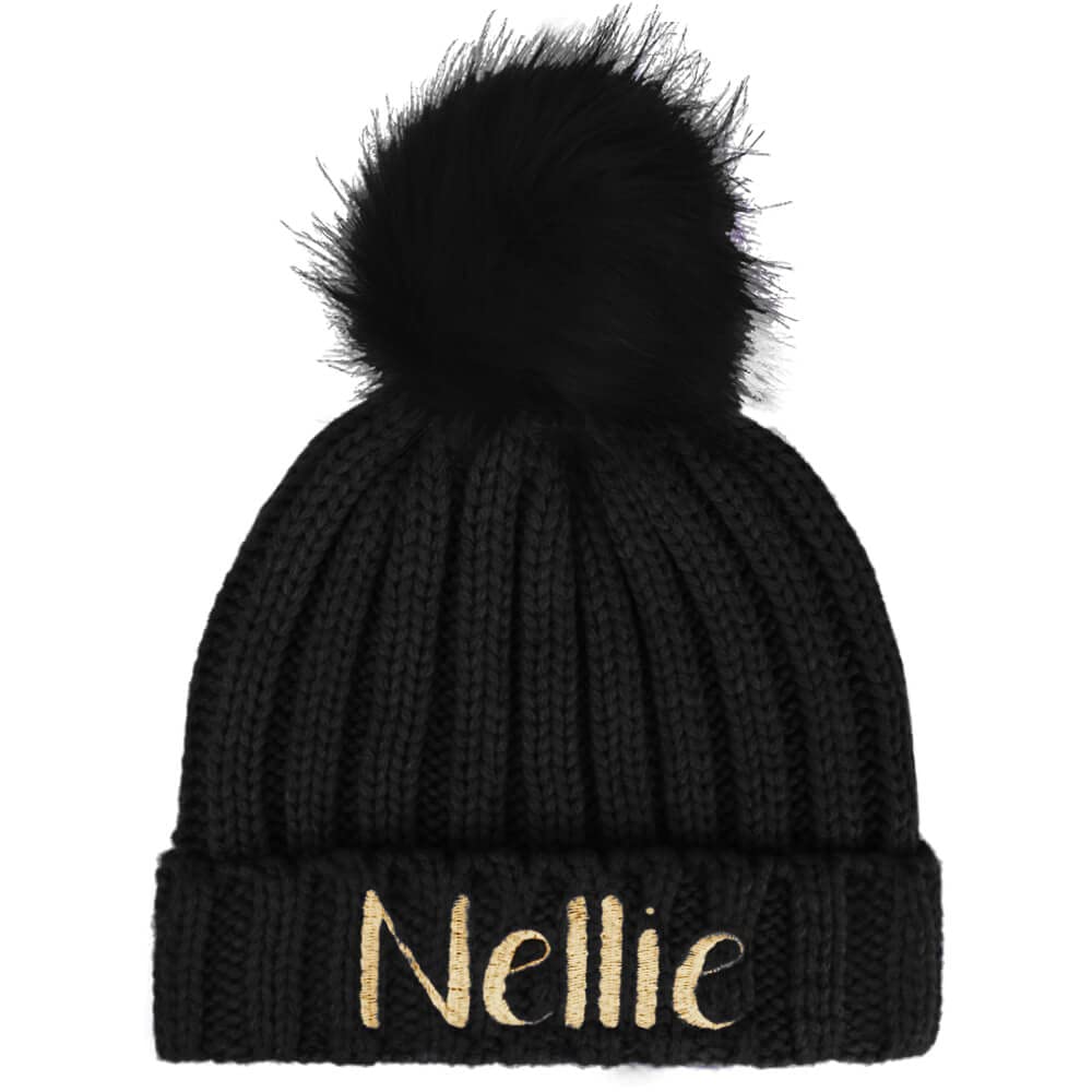 TeddyT's Personalised Girls Soft Bobble Hat with Pom Pom (2-4 Years) (Black)