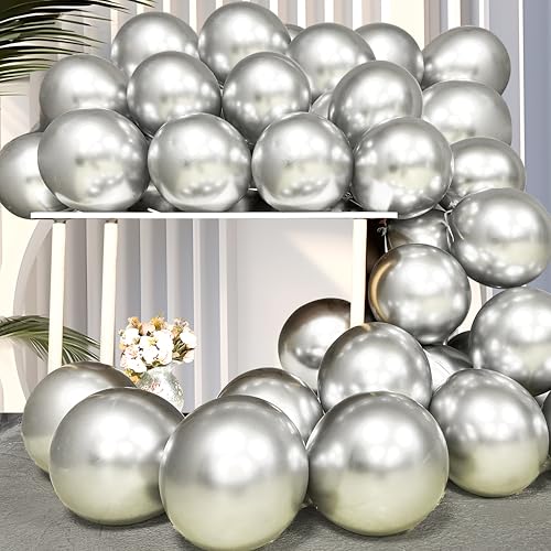 Firomi Metallic Silver Balloons 12-inch 100 Pack Helium Shiny Chrome Silver Thicken Latex Balloon for Wedding Birthday Party Party Balloons (with 3 Ribbons)