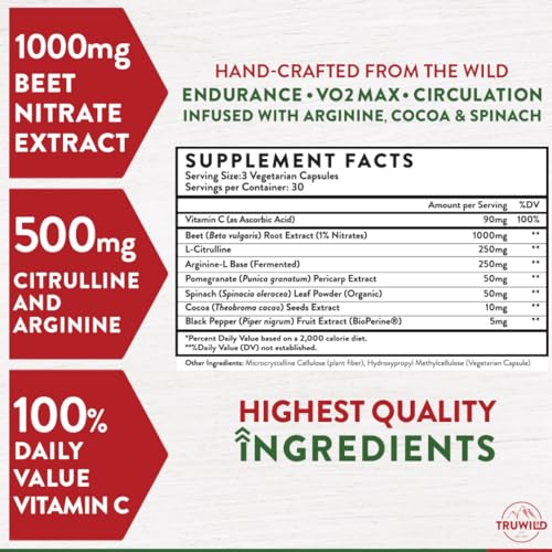 Image of TruWild All Natural Beet Root Powder, Nitric Oxide Booster, 1000mg, Vegan Superfood Capsule Supplement, Beetroot Extract Supports Overall Health, Performance & Stamina, 30 Servings
