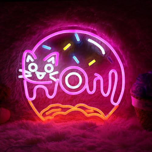 Image of Cat Donut Neon Sign Donut Cat Neon Light Donut Light Sign Dimmable Donut LED Neon Light for Bakery Shop Decor Nursery Room Game Room Wall Art 14 inchx12.3 inch