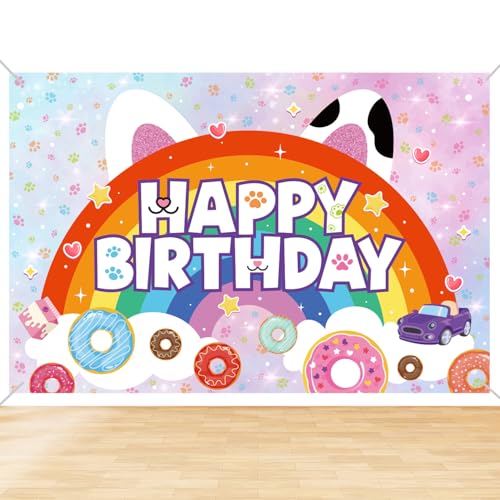 Toile Fond Joyeux Anniversaire Chat de Dessin Animé, 150 x 100 cm Bannière d'Anniversaire Poupée Dessin Animé Décoration Fête pour Maison de Poupée