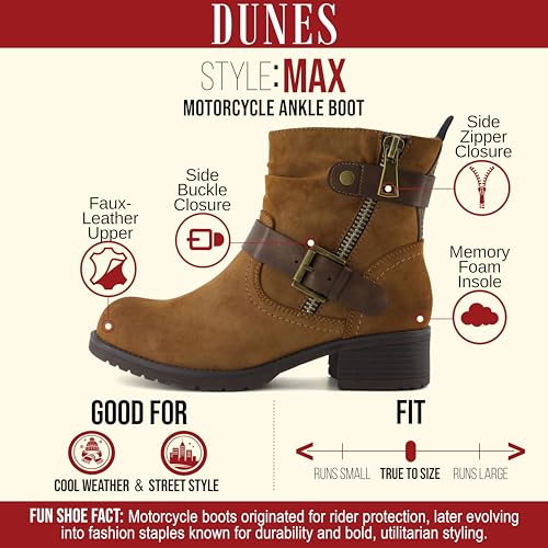 Image of Dunes Max Motorcycle Womens Ankle Boots - Comfortable Booties for Women with Zipper & Buckle, Combat Boots Style, Memory Foam, Wide Width Options
