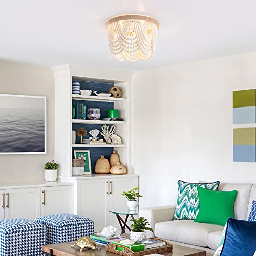 VILUXY Bohemia Wood Beaded Flush Mount Ceiling Light Antique Rustic Mini Chandelier White Finishing for Bedroom,Nursery Room, Girl Room, Hallway, Entryway, Passway, Dining Room, 3-Light - Image 5