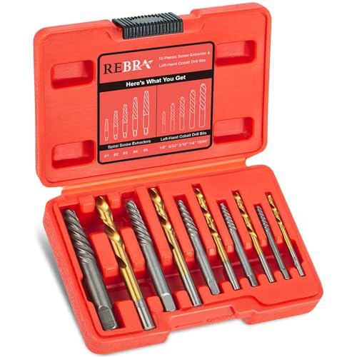 Screw Extractor Set 37# Cr-Mo & 6542 HSS Steel Cobalt Left-Hand Drill Bit Easy Out Broken Bolt Remover Reverse Ez Out Stripped Rounded-Off Damaged Bolts Screws&Studs Removal Tool (10-Pieces)