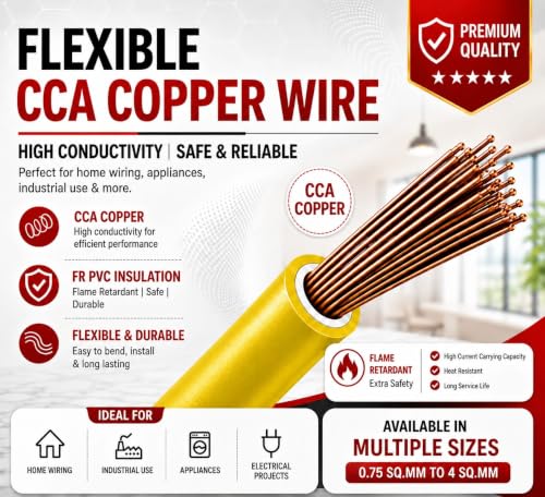 Image of 1.5 SQMM | Yellow | 90 meter | PVC Insulated Industrial Multistrand CCA Copper Wire | High Purity Copper | Triple Layer Protection | FR Rated | Heavy Duty Electrical Cable | 10 Guage