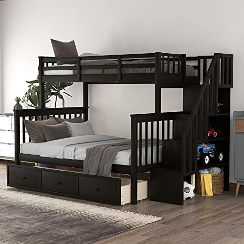 Twin Over Full Bunk Bed with Stairs, Wood Bunk Bed Frame with Storage Drawers and Shelves, No Box Spring Needed (Espresso)