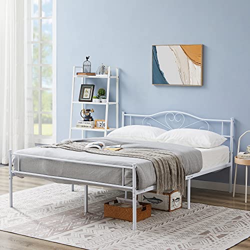 Vecelo 14 Inch Full Size Metal Platform Bed Frame With Headboard And Footboard, Heavy Duty Mattress Foundation With Steel Slats Support, No Box Spring Needed, White #TOP2