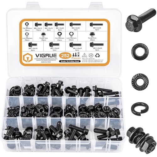 Image of VIGRUE 252Pcs Metric Flange Bolt Nut Washer Assortment, M6-1.0 M8-1.25 Flange Bolt Kit Black Zinc Plated Class 10.9 Alloy Steel Full Coarse Thread