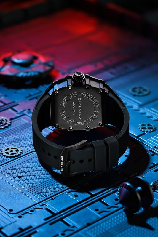Image of Giordano Analog Skeleton Dial Watch for Men - Tonneau Case, Silicone Strap, Open-Gear Sport Design, Quartz Movement