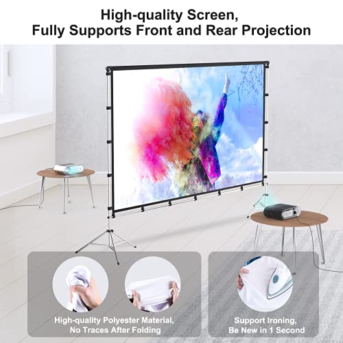 Image of 100 Inch Video Projector Screen with Stand, Movie Projector Screen Indoor /Outdoor Front /Rear 16:9 4K HD with Carry Bag, Video Screen for Home, Backyard, Camping Theater