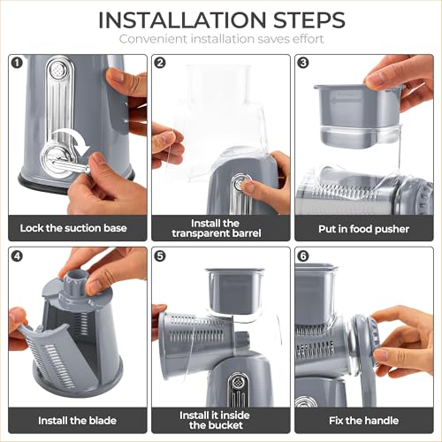 SUSTEAS Rotary Cheese Grater with Handle - Vegetable Shredder with 5 Well-designed Blades & Strong Suction Base,Round Mandoline Slicer & Food Chopper for Kitchen,with Blade Storage Box(Gray) by SUSTEAS - Image 4