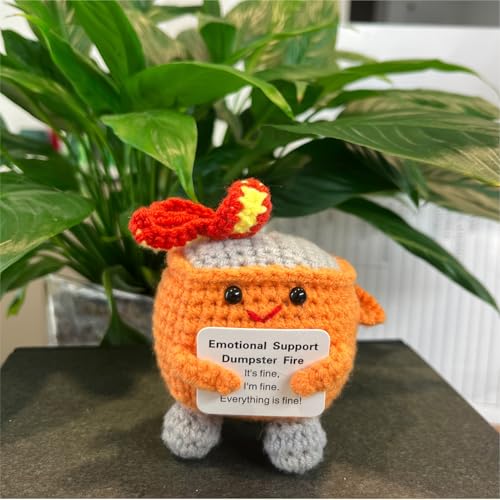 Image of Emotional Support Dumpster Fire - Positive Crochet Birthday Easter Basket Stuffers Essentials Gift for Women Men Girls Coworker Friend, Handmade Knitted Doll for Home Office Accessories Decor (Orange)