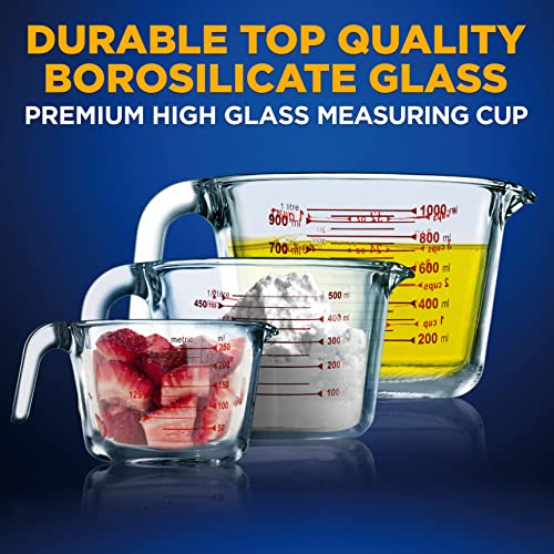 NutriChef 3 Pieces Measuring Cups - BPA-Free Premium Heat Resistant Borosilicate Glass Measuring Cups w/ Handle, Precise Measurement w/ Oz & Ml Scale, in 250ml 500ml & 1000ml, Microwave & Oven Safe - Image 4