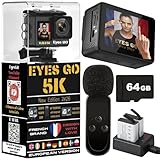 Eyes GO 5K Caméra Sport 5K30fps 4K60FPS 120FPS Marque FRANÇAISE 31 Accessoires Photo 50MP 2 Ecrans Tactile Vlog Télécommande Micro 360° Stabilisateur E.I.S 2.0 Étanche 30M Carte SDXC 64GO 2X1350mAh