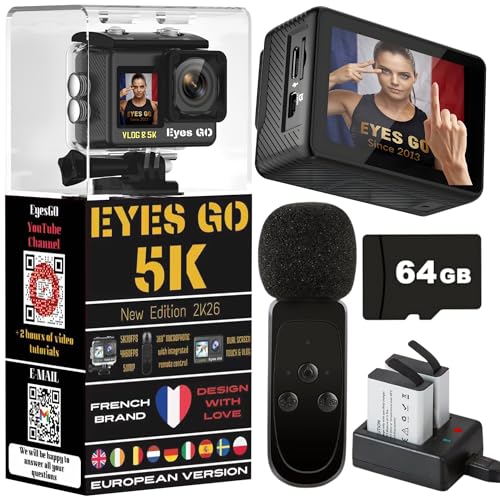 Eyes GO 5K Caméra Sport 5K30fps 4K60FPS 120FPS Marque FRANÇAISE 31 Accessoires Photo 50MP 2 Ecrans Tactile Vlog Télécommande Micro 360° Stabilisateur E.I.S 2.0 Étanche 30M Carte SDXC 64GO 2X1350mAh