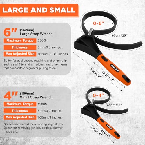 Image of 2-Piece Strap Wrench Set, Adjustable Rubber Oil Filter Wrench Max Diameter 4 inch and 6 inch, Jar Opener Set Heavy Duty Blet Wrenches for Drain Sewer Cap Sink Pliers Nut Shower Head Valve Removal