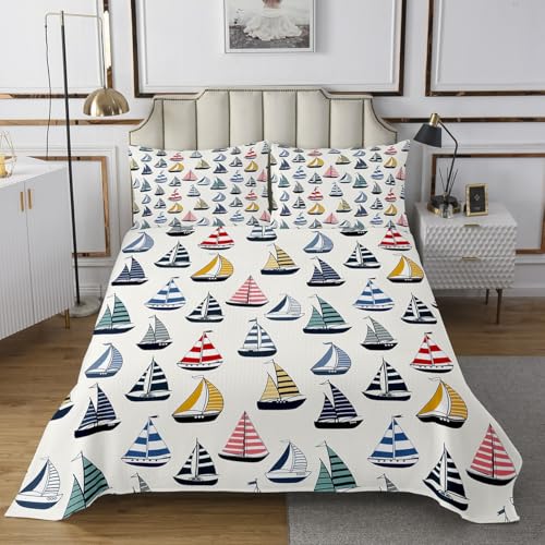 Sailing Boat Bedspread Twin Size Bedding for Kids Teens Bedroom Ocean Sea Sailing Theme Decor Coverlet Set Nautical Coastal Style Quilt Set for All Season,2 Pcs with 1 Pillowcase
