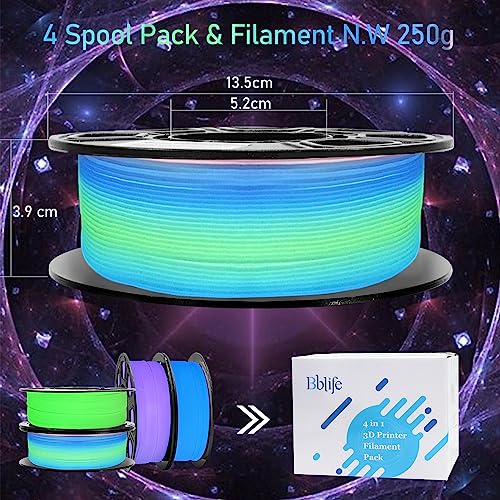 Image of Bblife Glow in Dark PLA 3D Filament Bundle, 4 Popular Luminous Colors: Green, Purple, Blue, Rainbow, 1.75mm, 1kg