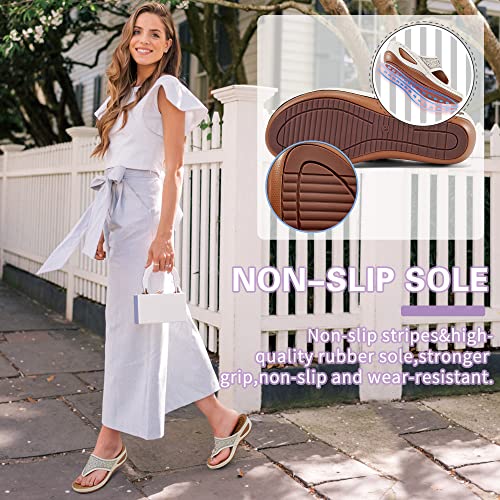 Ecetana Womens Sandals Flip Flops For Women With Arch Support Cushion Summer Casual Rhinestone Wedge Sandal Shoes Massage Function Beige #TOP1