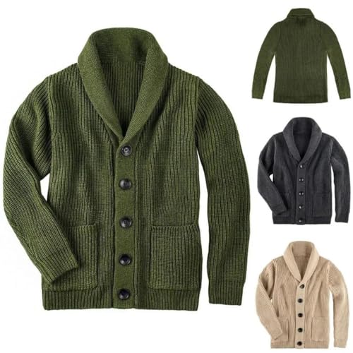 Men's Shawl Collar Button-Front Cardigan Sweater with Pockets - En8 Ribbed Warm Knit Cardigan2