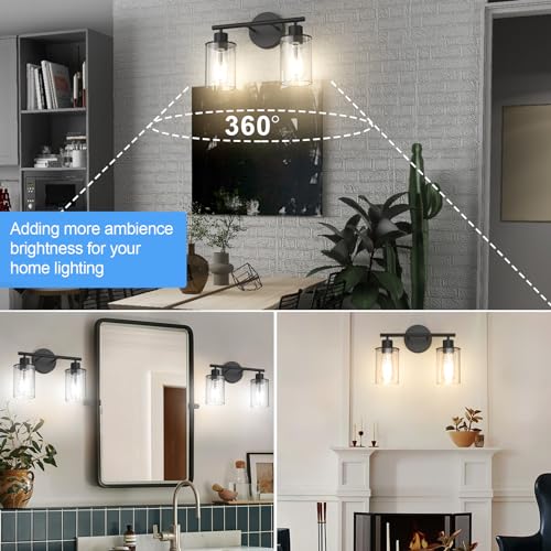 Image of Aipsun Black Vanity Light 2 Lights Farmhouse Bathroom Lights Fixtures Over Mirror with Clear Glass Shade(Exclude Bulb)