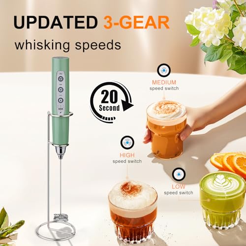Image of YUSWKO Granite Rechargeable Milk Frother for Coffee with Stand, Handheld Drink Mixer with 3 Heads 3 Speeds Electric Stirrers for Latte, Cappuccino, Hot Chocolate, Egg