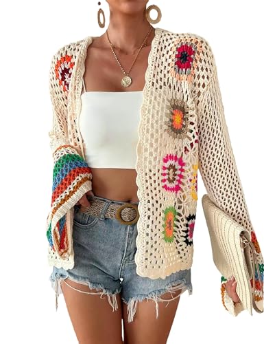 Womens Vintage Crochet Granny Square Cardigan Floral Knitted Y2K Retro Long Sleeve Open Front Boho Chic Sweater