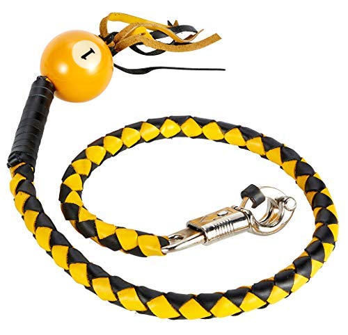 Dream Apparel 42” Leather Motorcycle Get Back Whip for Handlebar Fringed Biker Whip With Pool Ball, Black and Yellow