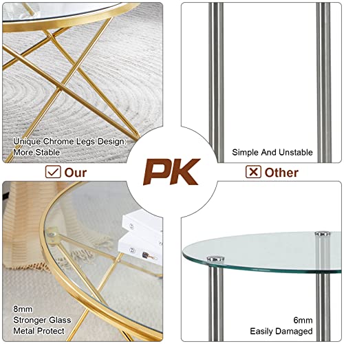 Round Glass Coffee Table, 31.4" Tempered Glass Top, Sturdy Chrome Legs, Adjustable Foot Pads, Modern Accent Side Sofa Table For Living Room, Dining Room,Tea, Home(Gold) #TOP2
