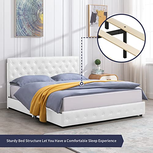 Zafly Upholstered Full Size Bed Frame With 4 Storage Drawers,Pu Leather Platform Full Bed Frame With Button Tufted Adjustable Headboard,Wooden Slats Support,No Box Spring Needed,Easy Assembly,White #TOP4