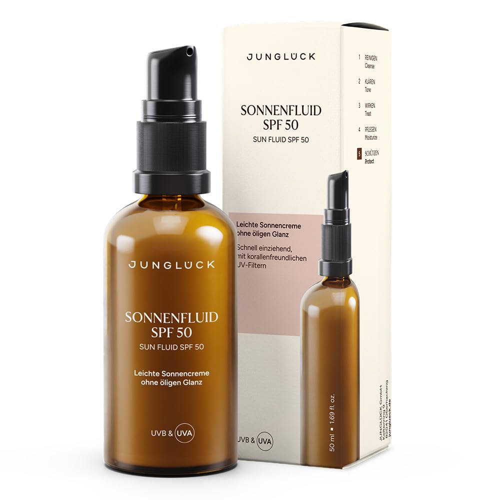 JUNGLÜCK Sonnenfluid Gesicht SPF 50 - Vegan | Leichte Gesichtslotion mit organischen UVFiltern ohne Weißeleffekt | Breitspektrum mit LSF 50 schützt vor UV-B- & UV-A-Strahlen