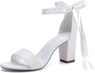 Block Heel Wedding Shoes for Bride Women Chunky Heeled Sandals Pearl Bridal Shoes