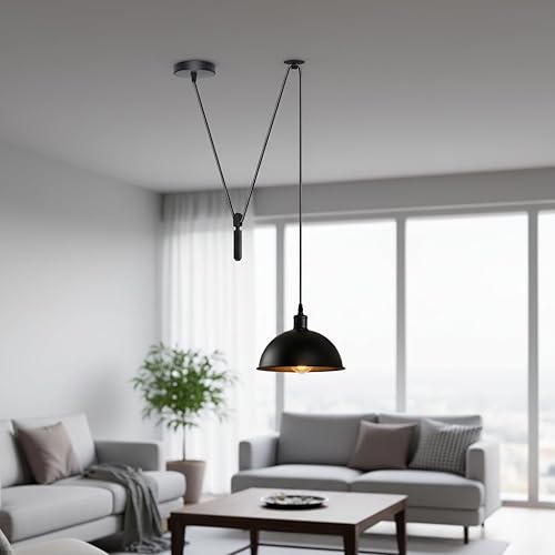 Miniatura 2 de Lámpara colgante de polea de cúpula negra de 6.6 ft, retro, industrial, ajustable, E26, lámpara colgante de techo para cocina, isla, comedor, sala